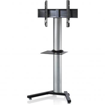 Soporte de TV Aluminio Stadino Mini con Estante, Plata y Cristal Negro, Medidas: 125 cm (Alto) x 90 cm (Ancho) x 72 cm (Profundidad)
