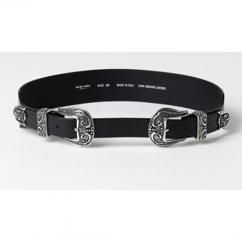 Golden Goose Women's Black Double Buckle Washed Leather Belt - Size 80