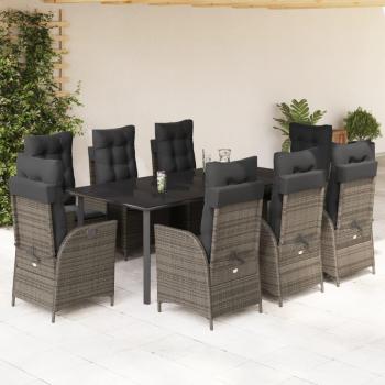 9-Piece Grey Poly Rattan Garden Dining Set with Cushions
