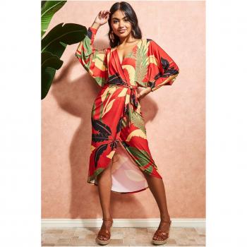 Goddiva Printed Batwing Wrap Midi Dress - Orange - Size 8 UK