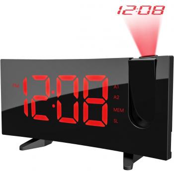 Despertador Proyector, Pictek Radio FM Despertador de Proyección [5'' Pantalla LED, 4 Brillo Ajustable], Dual Alarmas con Función Snooze, Radio Reloj Digital Proyector con Temporizador de Sueño - Rojo
