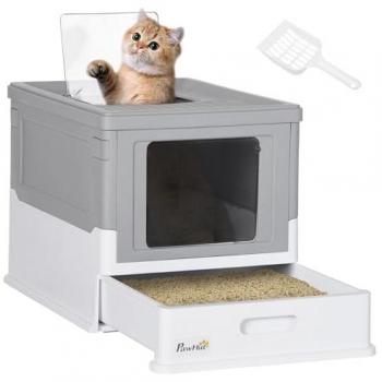 PawHut Caja de Arena Plegable para Gatos Arenero Cerrado con Cubierta Desmontable, Bandeja Extraíble, Techo Abatible, Puerta de Entrada y Pala, 47,5x35