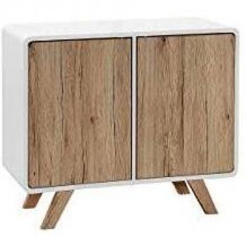 Aparador Milo blanco y madera clara, chapado en madera clara, dimensiones 76 x 90 x 40 cm, con patas de madera de pino y 2 puertas