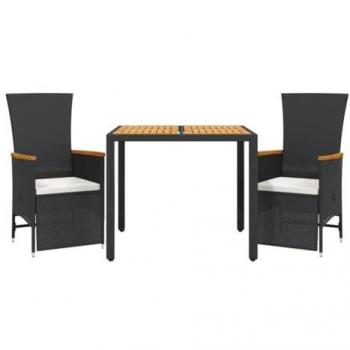 Set comedor de jardín 3 pzas con cojines ratán sintético negro