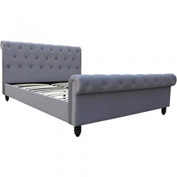 Cama de Terciopelo Godefroy - 140 x 190 cm - Gris Vintage con Estructura de Madera y Lamas