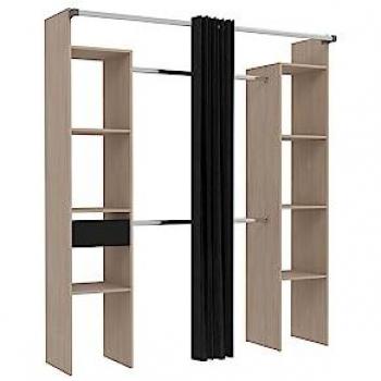 Vestidor de Madera con Cortina Negra: 2 Armarios, 6 Estantes, 1 Cajón Elysee