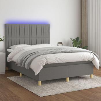 Cama box spring con colchón y luces LED, tela gris oscuro, 140x190 cm