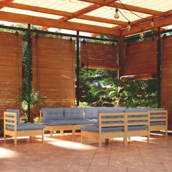 10-Piece Solid Pinewood Garden Lounge Set with Grey Cushions