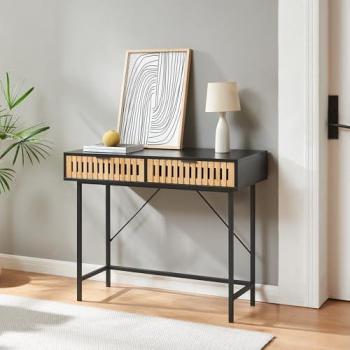Mesa Consola Luniehti con 2 Cajones de Bambú 100x40x75 cm - Negro/Natural, Diseño Atractivo y Estructura Robusta
