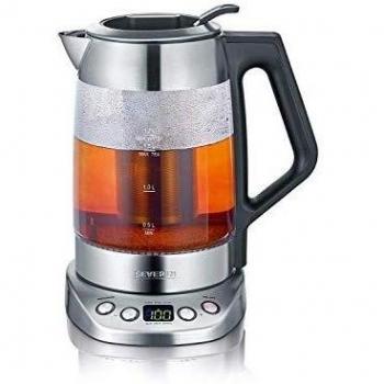 SEVERIN Tetera y hervidor de agua de cristal Deluxe, tetera eléctrica con temperatura y tiempo ajustables, tetera hervidor con programas, 3000 W, acero inoxidable, WK 3479