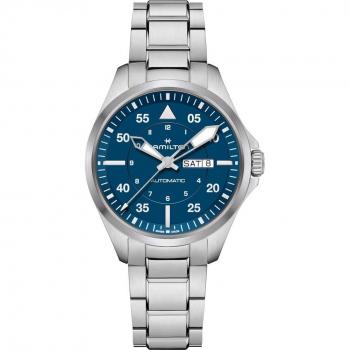 Hamilton Khaki Aviation Pilot Reloj automático de acero inoxidable de 42 mm con calendario y esfera azul H64635140 100M para hombre