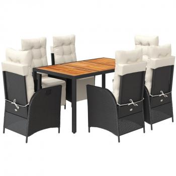 7-Piece Black Poly Rattan Garden Dining Set with Cushions