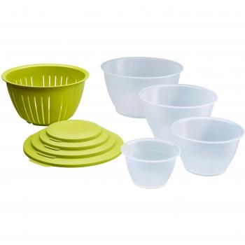 Westmark Juego de recipientes, 4 recipientes incl. tapas y colador, 9 piezas,Capacidad: 0,6/1,3/2,5/4,4 litros, De plástico, Sin BPA, Olympia, Color: transparente/verde, 2420226A