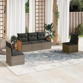 5-Piece Grey Poly Rattan Garden Sofa Set with Cushions