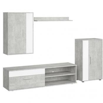 Kolm Mueble TV, 2 Módulos y Estantería Blanco y Gris Cemento - Muebles de salón en Melamina 2.3m x 1.8m
