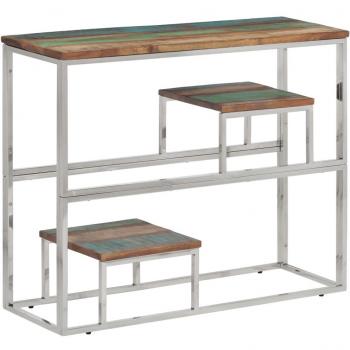 Mesa de café de acero inoxidable y madera reciclada plateada para sala de estar