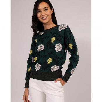 Jersey de Manga Larga con Estampado Floral y Cuello Redondo en Verde Oscuro de Naf Naf
