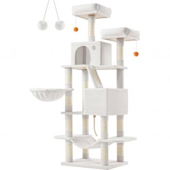 Rascador de gatos multinivel 168 cm con 13 postes, 2 plataformas, cuevas, cesta, hamaca y pompón en blanco, gris claro y rosa