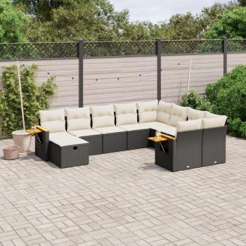 10-Piece Black Poly Rattan Garden Sofa Set with Cushions