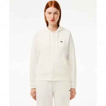 Sudadera Lacoste básica de mujer con cremallera, felpa, logo pequeño, color blanco crema, talla 42