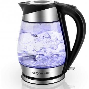 Aigostar Chubby - Hervidor de Agua Eléctrico de Vidrio Borosilicato, Hervidora de Cristal Acero Inoxidable con Iluminación LED, 1,7 litros, 2200 W, Apagado Automático, Filtro Extraíble, Libre de BPA