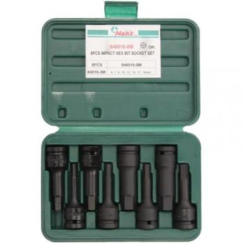 Juego de llaves vaso HANS 846016 8M, incluye 8 piezas de vasos de impacto hexagonales de 1/2, con medidas desde 6 mm hasta 19 mm