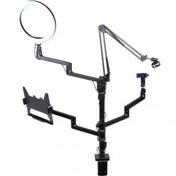 Soporte de Streaming 4 en 1 con Abrazadera y Luz Ring para Cámara y Micrófono (Metal, Plástico), Negro