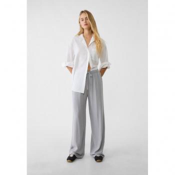 Loose-Fitting Grey Melange Linen Blend Trousers L