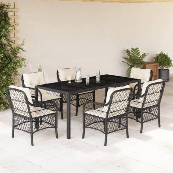 7-Piece Black Poly Rattan Garden Dining Set with Cushions