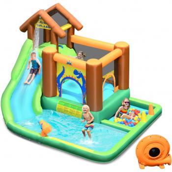 Parque Acuático Inflable Costway con Tobogán, Castillo Hinchable, Compresor incluido, Tejido Oxford resistente, Piscina integrada, Pared para escalar y cama elástica