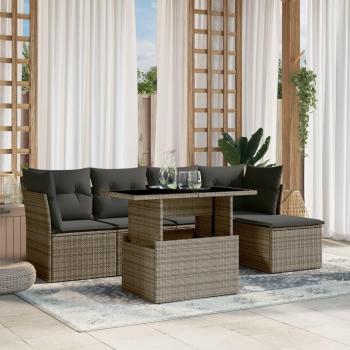 6-Piece Grey Poly Rattan Garden Sofa Set with Cushions