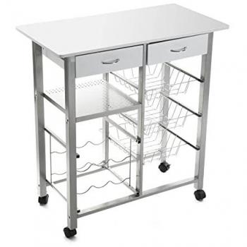 Carro de cocina Versa Leicester con ruedas, 2 cajones, botellero y despensa, medidas 82 x 40 x 76 cm, fabricado en madera y metal, color blanco