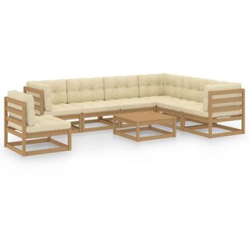Conjunto de muebles de jardín 8 piezas con cojines color marrón miel en madera de pino
