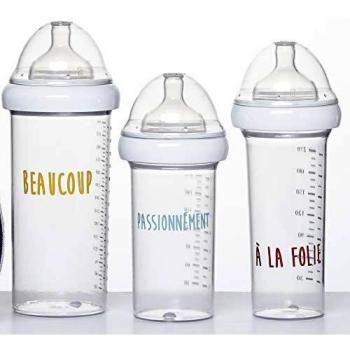Set de 3 biberones Gigognes Beaucoup Pasionalmente a la Locura - Capacidad 360 ml - Tetinas de silicona con cuello ancho
