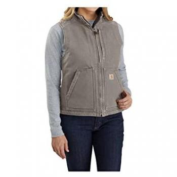 Carhartt Chaleco Sherpa Lined Mock Neck para dama en color gris topo, talla L, con cuello perkins y ajuste relajado, fabricado en lona de algodón con efecto desgastado