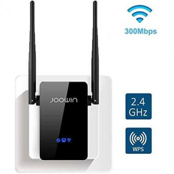 JOOWIN Repetidor WiFi 300Mbps Amplificador Señal WiFi 2.4 GHz Extensor Repetidor Inalámbrico con Botón WPS, Tres Modos, Dos Antenas, Puerto LAN/WAN, EU Enchufe