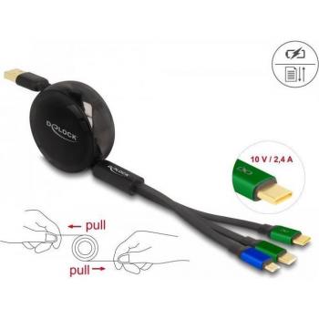 Cable USB Retráctil 3 en 1 Delock - Tipo A a Micro-USB y 2 x USB-C, 1,13 m, Negro, Carga Rápida