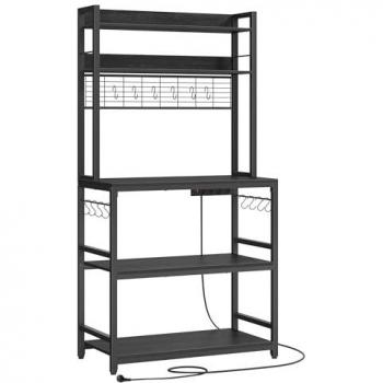 Estantería Metálica Organizador de Cocina con Toma de Corriente y Soporte para Microondas, 14 Ganchos, 40x80x170 cm, Gris Carbón y Negro Tinta