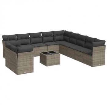 12-Piece Grey Poly Rattan Garden Sofa Set with Cushions
