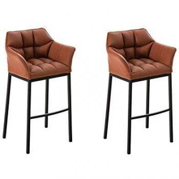 Set de 2 Taburetes de Bar Damaso en Similicuir Marrón Claro y Negro con Apoyabrazos y Estructura de Metal
