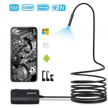 Depstech 1200P Semi-rígido Endoscopio Inalámbrico, 2.0 MP HD WiFi Cámara de Inspección de Boroscopio, 16 Pulgadas de Distancia Focal y 1800mAh Cámara de Batería de Serpiente para Android y Tablet iPad de IOS - Negro / 5M