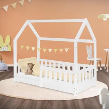 Cama Infantil ML-Design con Reja Protectora y Techo de Madera de Pino Blanco 140x70 cm
