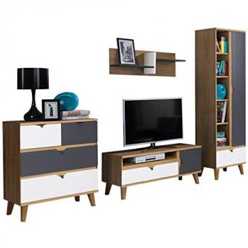 Conjunto de salón Providence E118 con mesa de TV, Aglomerado laminado, Roble dorado + Grafito + Blanco, Partes separadas, 200 x 40 cm