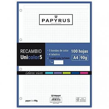 UNIPAPEL 53392399 Recambio 100 Hojas A4, 5 Bandas Colores Vivos, Cuadrícula 5x5, 90g, Papyrus - Unicolor 5