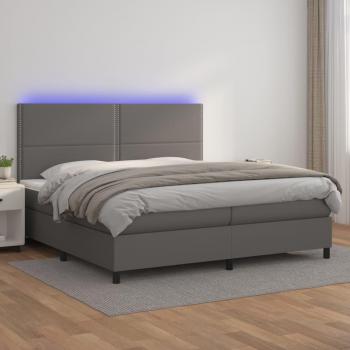 Cama box spring colchón y LED cuero sintético gris 200x200 cm