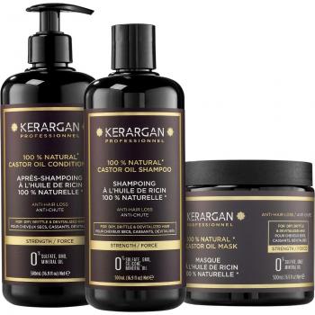Kerargan - Champú, Acondicionador y Mascarilla con Aceite de Ricino, Argán y Manzanilla - Sin sulfato, parabenos y siliconas - 3x500 ml