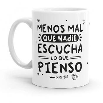 Taza Minimal Resistente al Microondas y Lavavajillas con Frase Menos Mal - Taza Original para Café