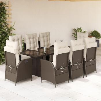 9-Piece Brown Poly Rattan Garden Dining Set with Cushions