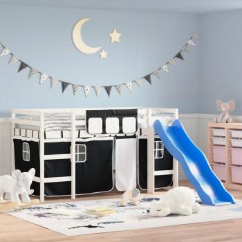 Cama Alta Niños Vidaxl Madera Pino Blanco Negro 90x200 Cm con cortinas