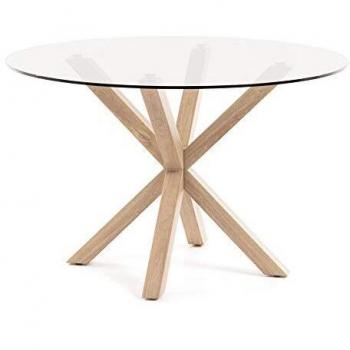 Kave Home - Mesa de Comedor Argo Redonda Ø 119 cm de Cristal y Patas de Acero Efecto Madera
